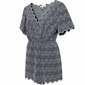 Express Eyelet Embroidered Romper Black White Scalloped V Neck Flutter Sleeve M